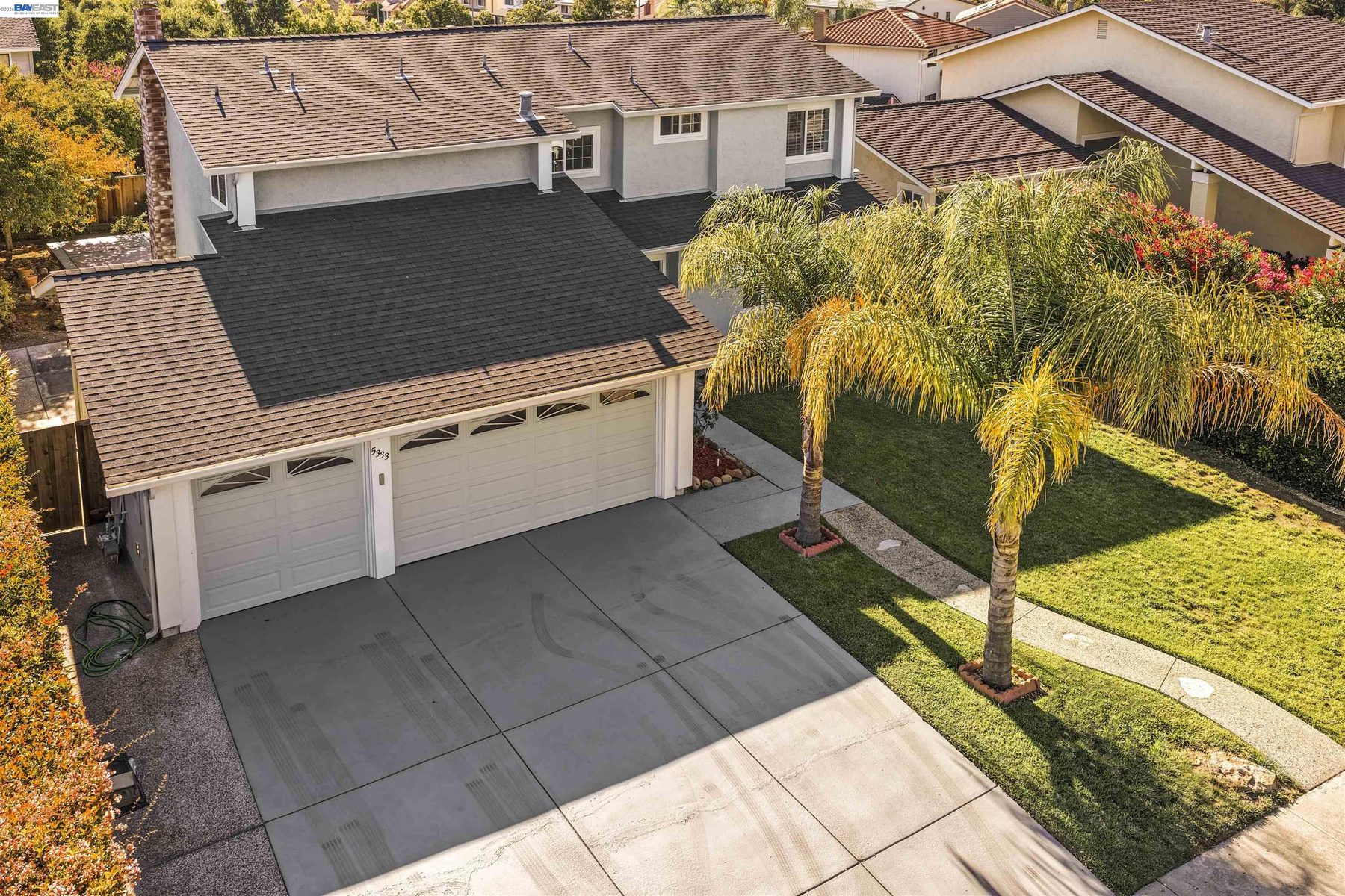 Aerial view of the roofline and driveway